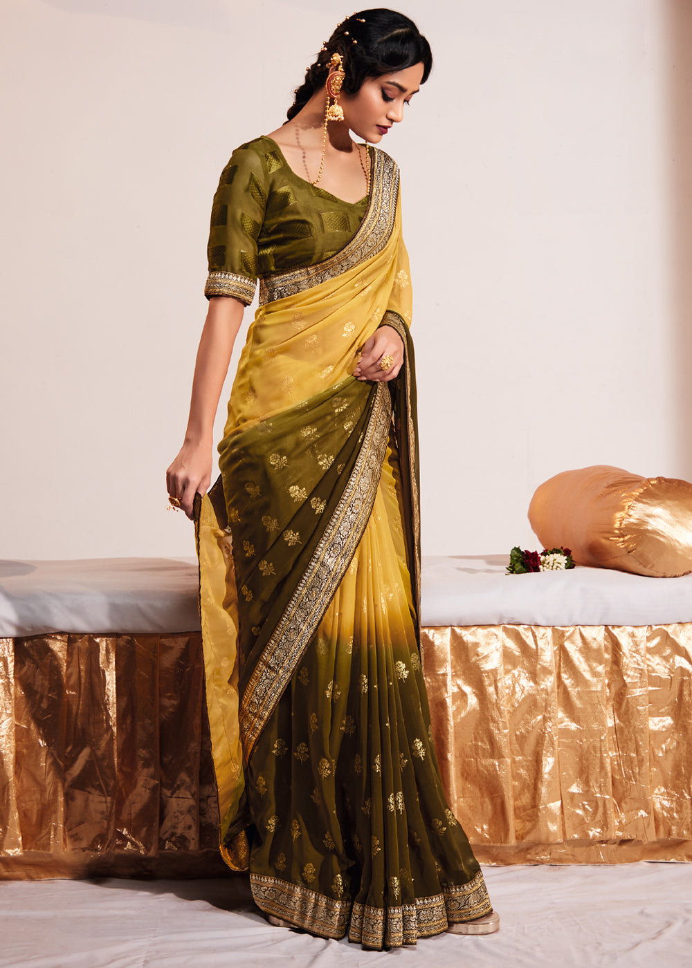 Kournikova Yellow Woven Georgette Silk Saree