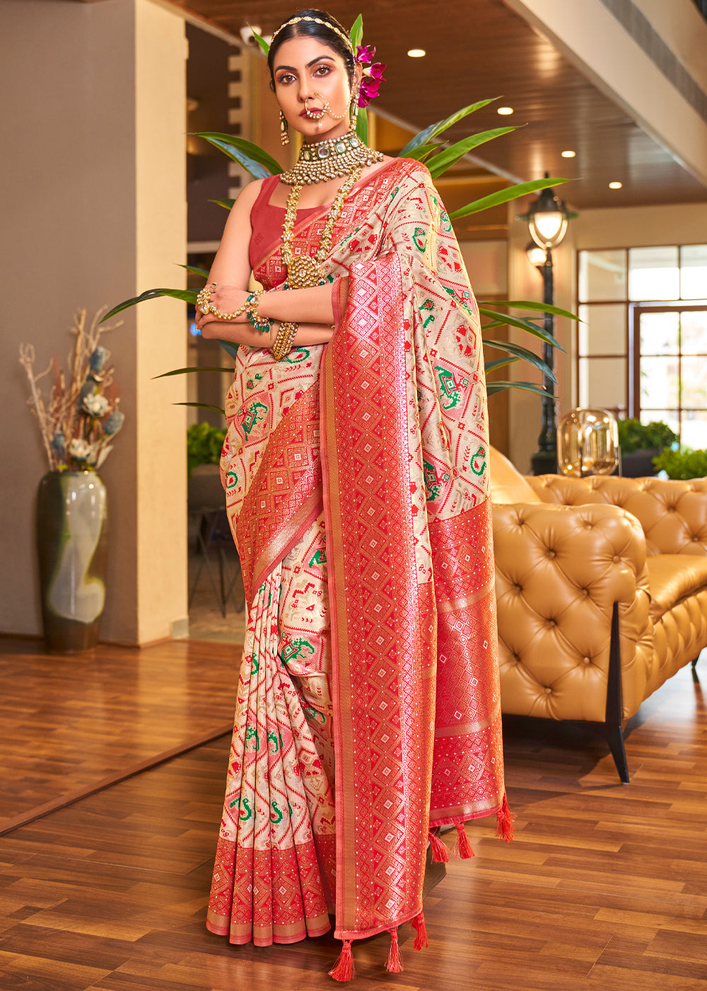 Astra Cream Woven Banarasi Patola Silk Saree