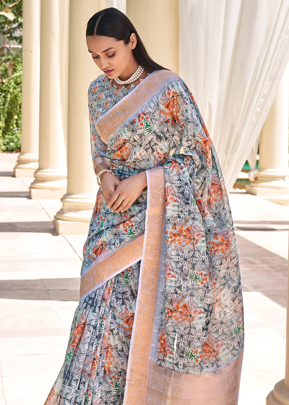 Pale Slate Grey Digital Print Linen Saree