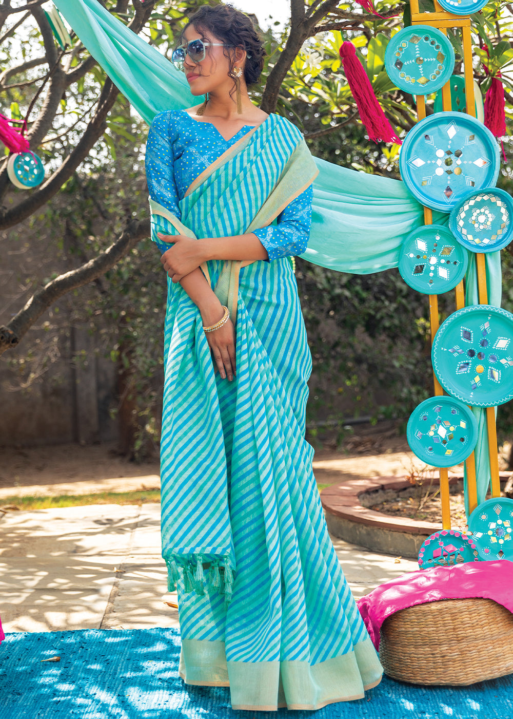 Fountain Blue Cotton Saree With Leheriya Print