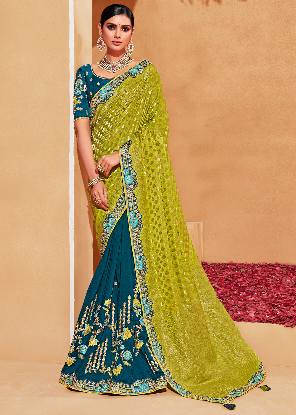 Cyprus Blue and Green Embroidered Banarasi Silk Saree