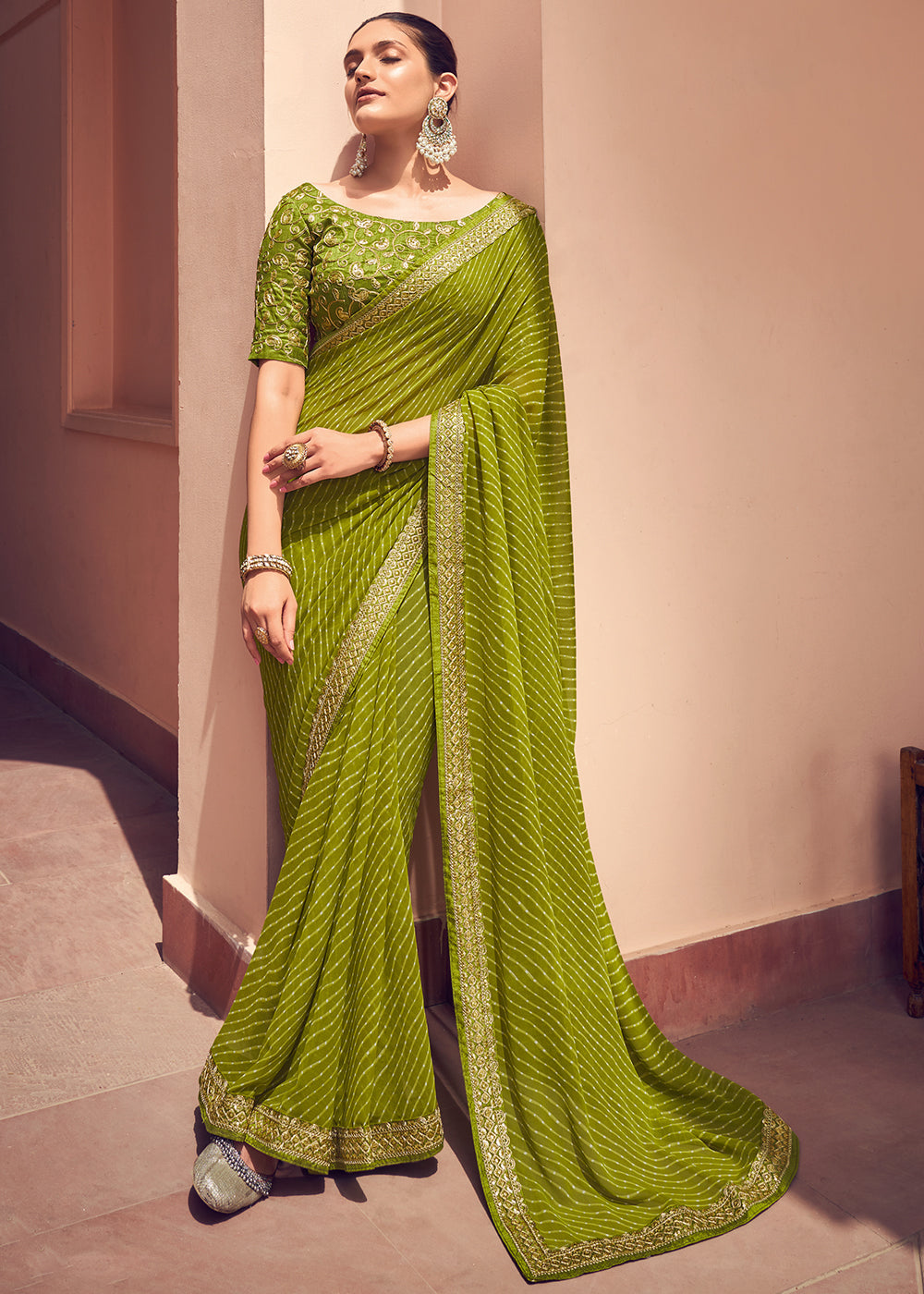 Olivetone Green Lehriya Print Georgette Saree With Embroidered Blouse