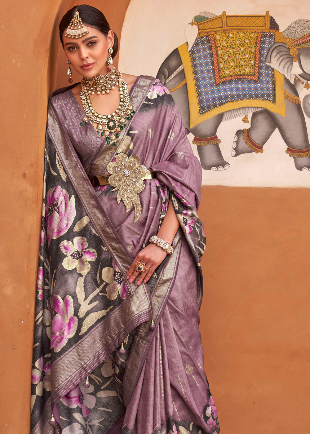 Brandy Rose Purple Soft Floral Printed Silk Saree