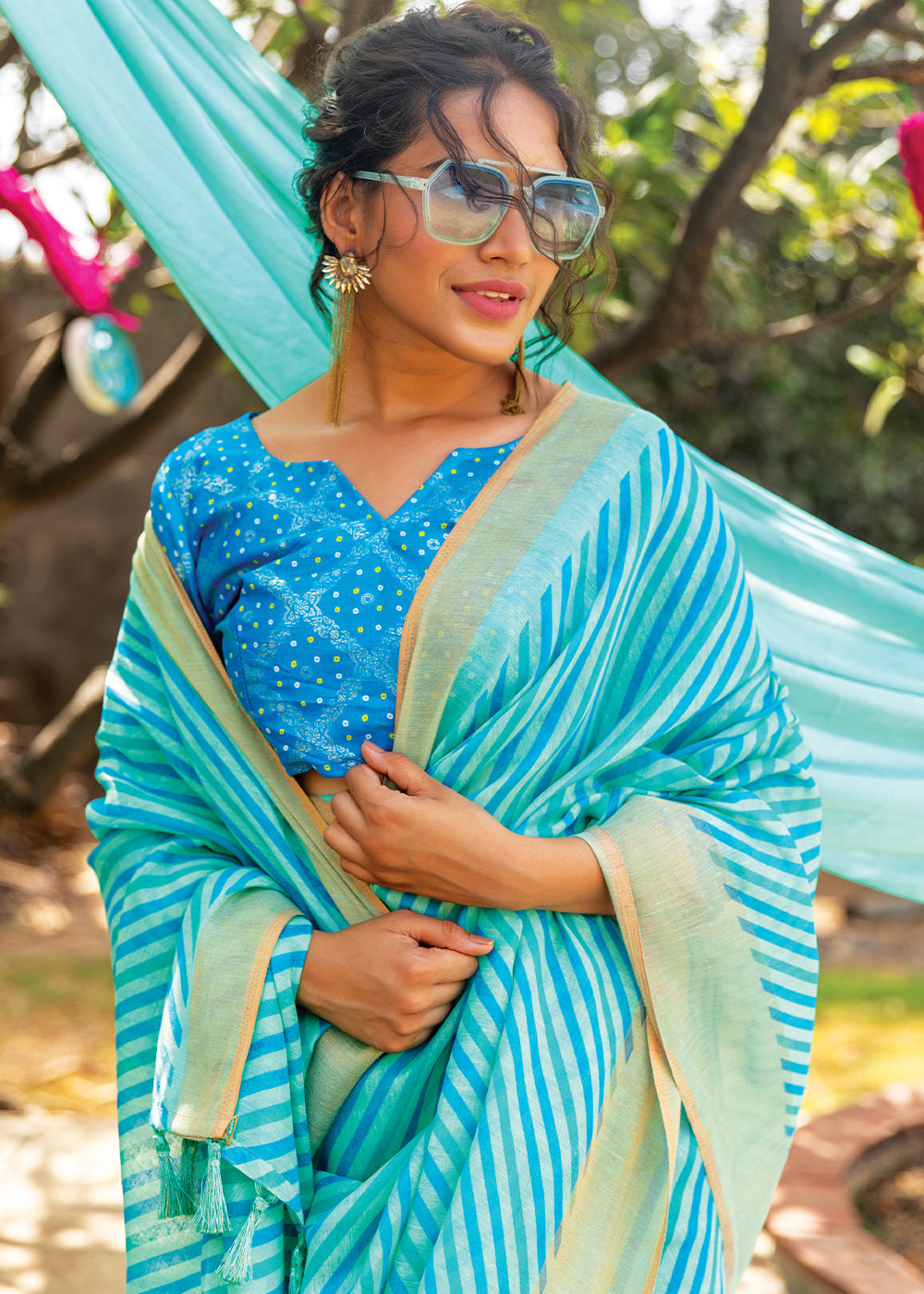 Fountain Blue Cotton Saree With Leheriya Print