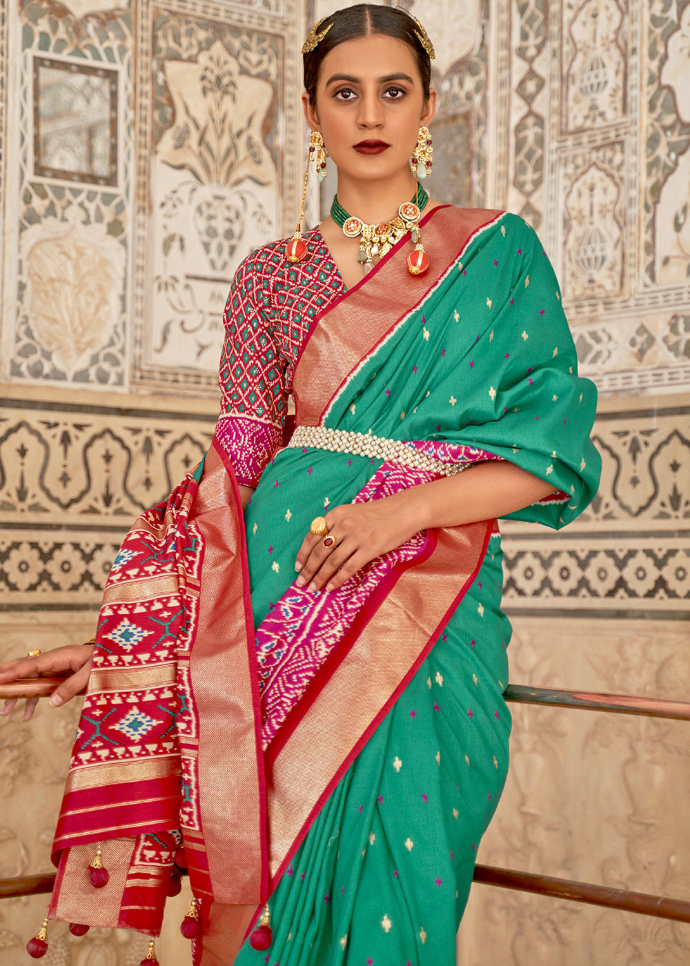 Elf Green and Pink Blue Cotton Patola Printed Saree