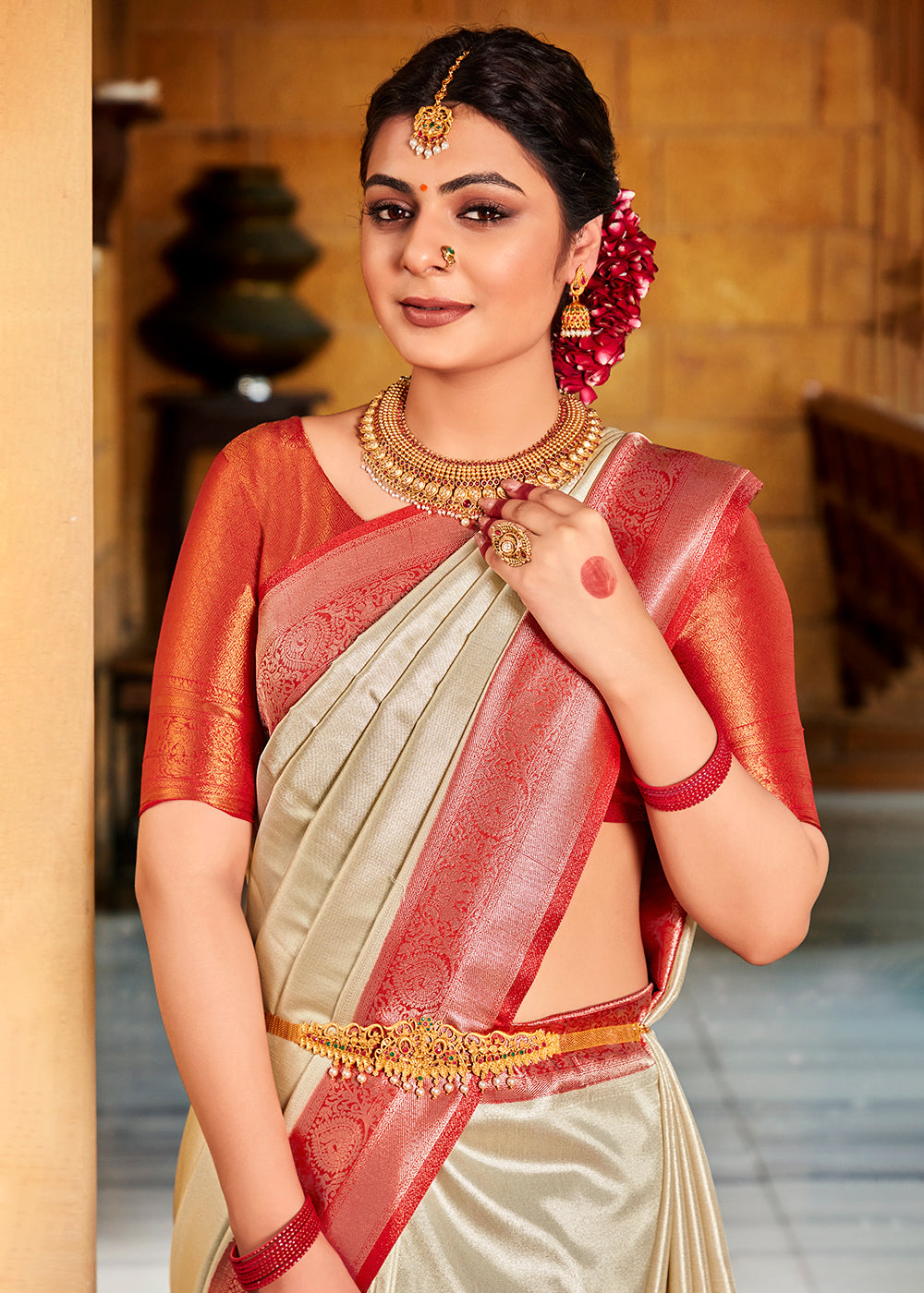 Akaroa White and Red Zari Woven Kanjivaram Saree