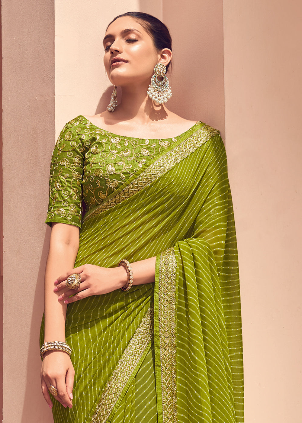 Olivetone Green Lehriya Print Georgette Saree With Embroidered Blouse