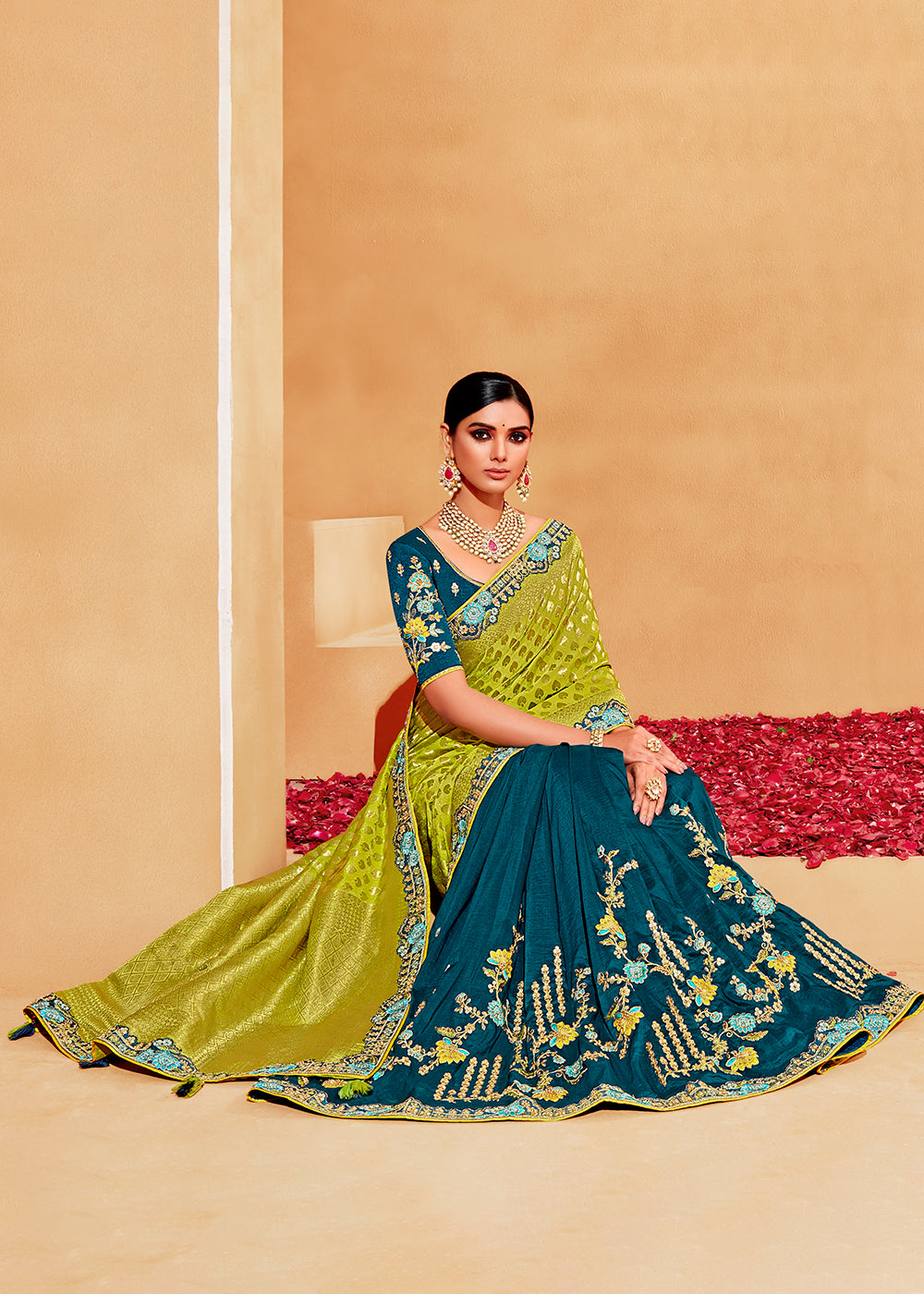 Cyprus Blue and Green Embroidered Banarasi Silk Saree