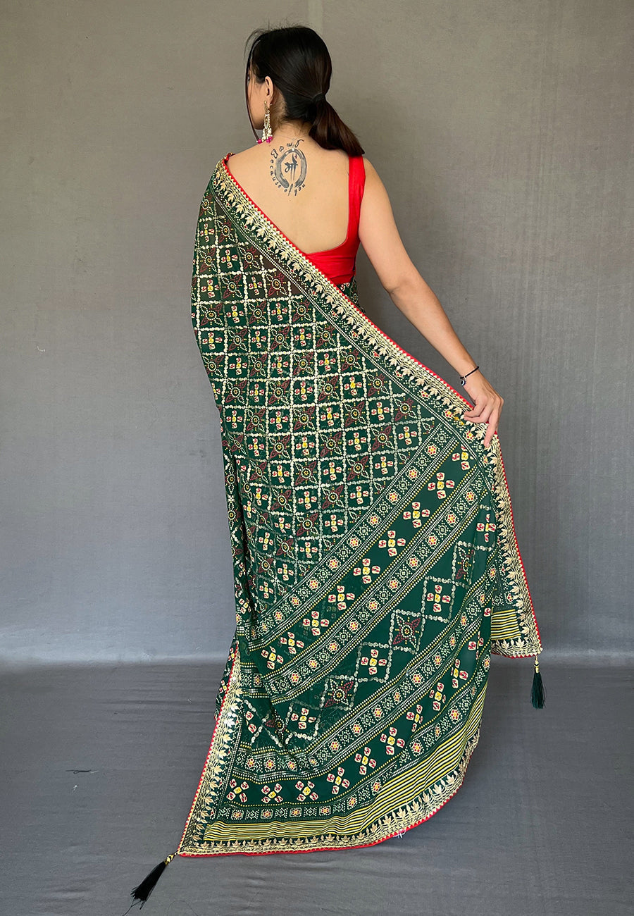 Stromboli Green Embroidered Georgette Bandhani Saree