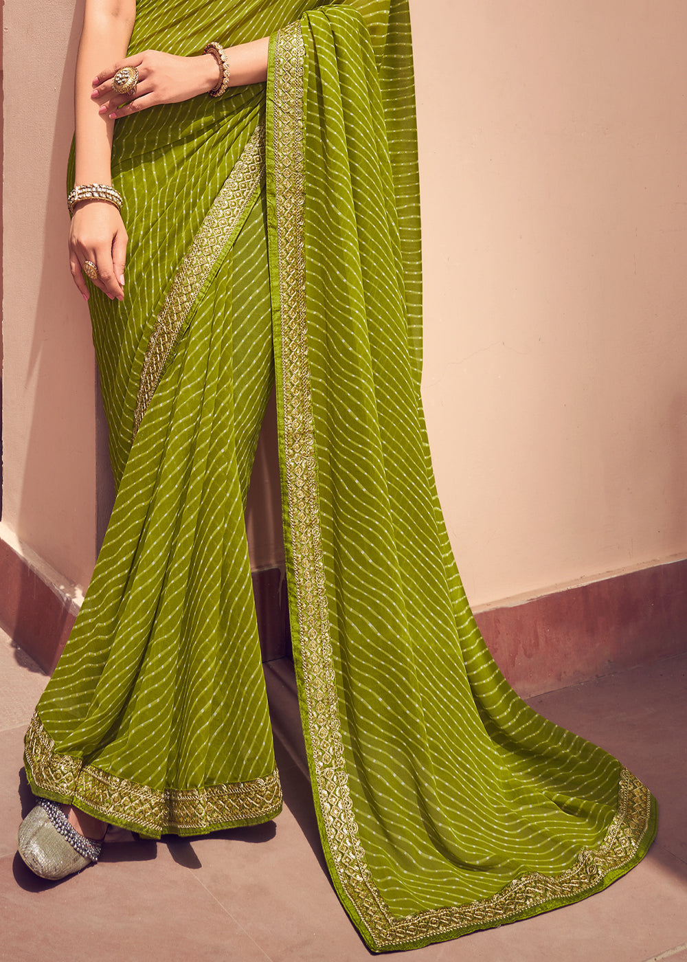 Olivetone Green Lehriya Print Georgette Saree With Embroidered Blouse