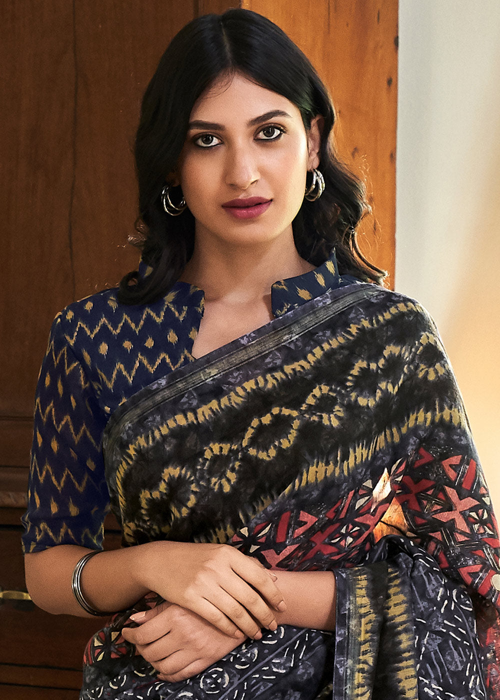 Trout Blue and Black Cotton Linen Batik Printed Saree