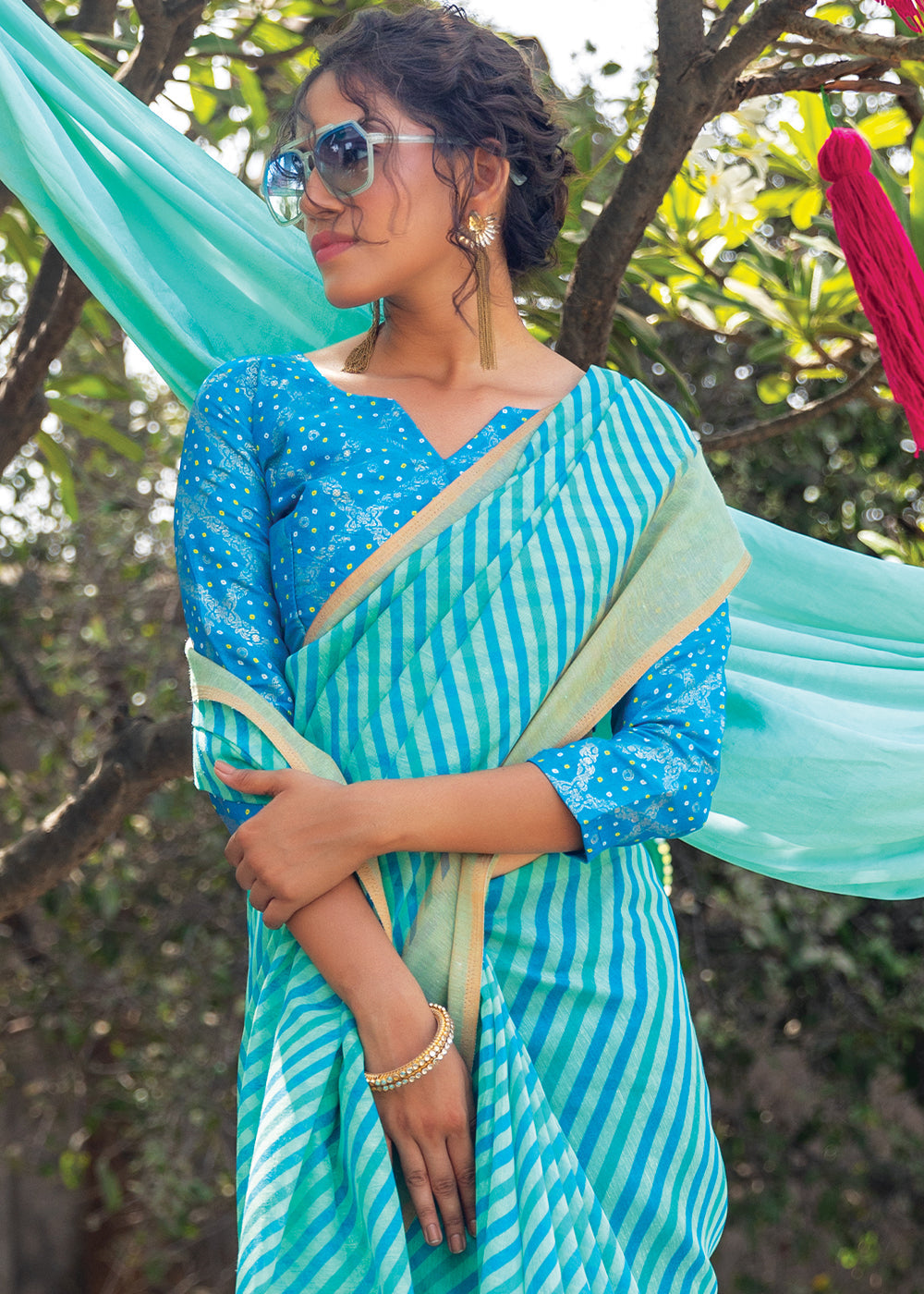 Fountain Blue Cotton Saree With Leheriya Print