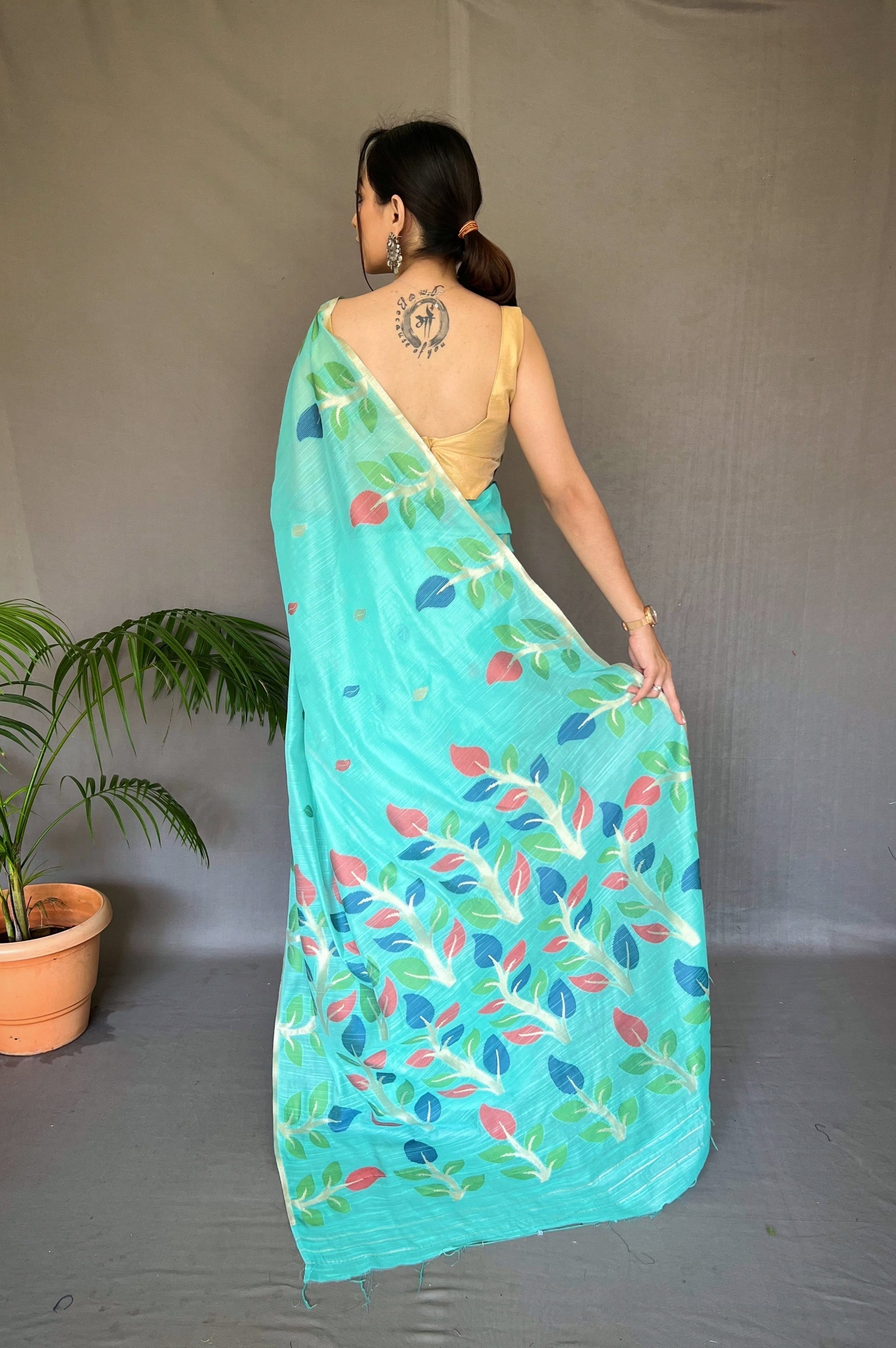 Aquamarine Blue Woven Cotton Jamdani Silk Saree