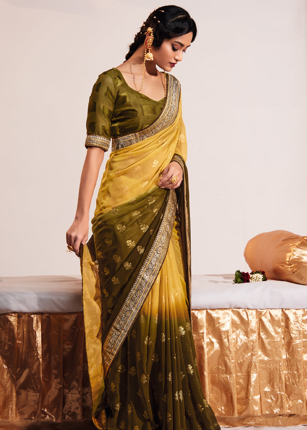 Kournikova Yellow Woven Georgette Silk Saree