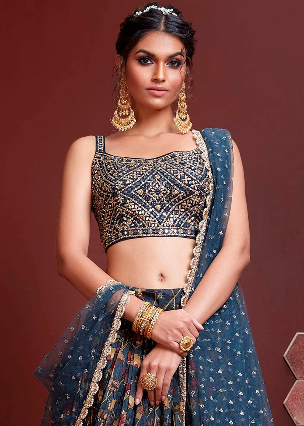 Alien Armpit Blue Printed Chinon Silk Lehenga Choli