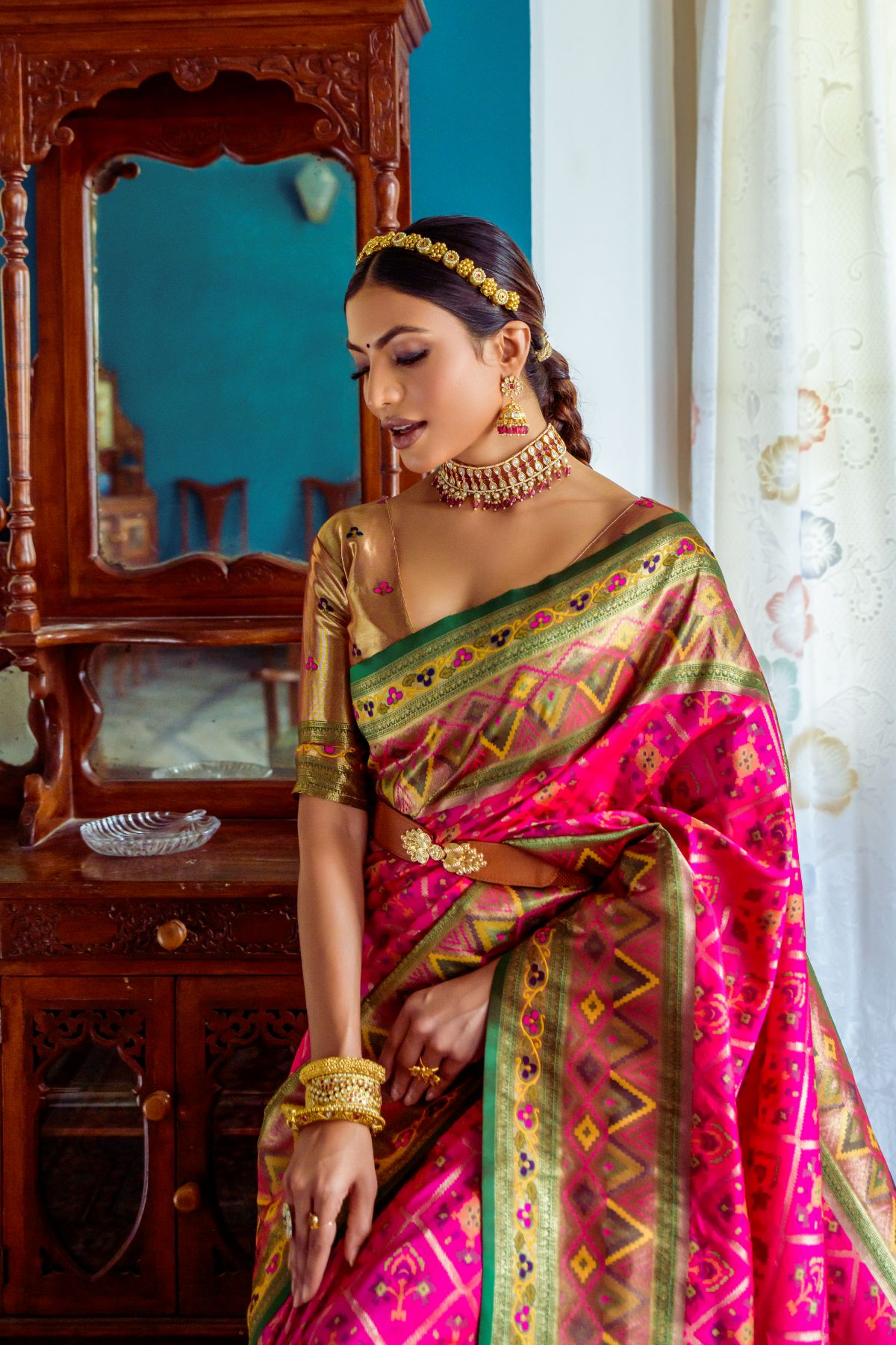 Hollywood Cerise Pink Banarasi Patola Silk Saree