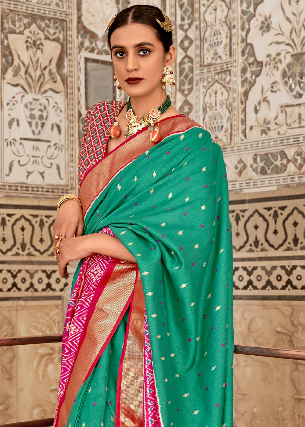 Elf Green and Pink Blue Cotton Patola Printed Saree