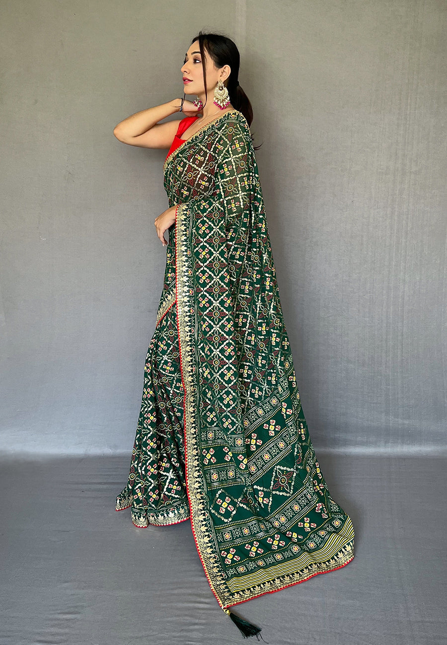 Stromboli Green Embroidered Georgette Bandhani Saree