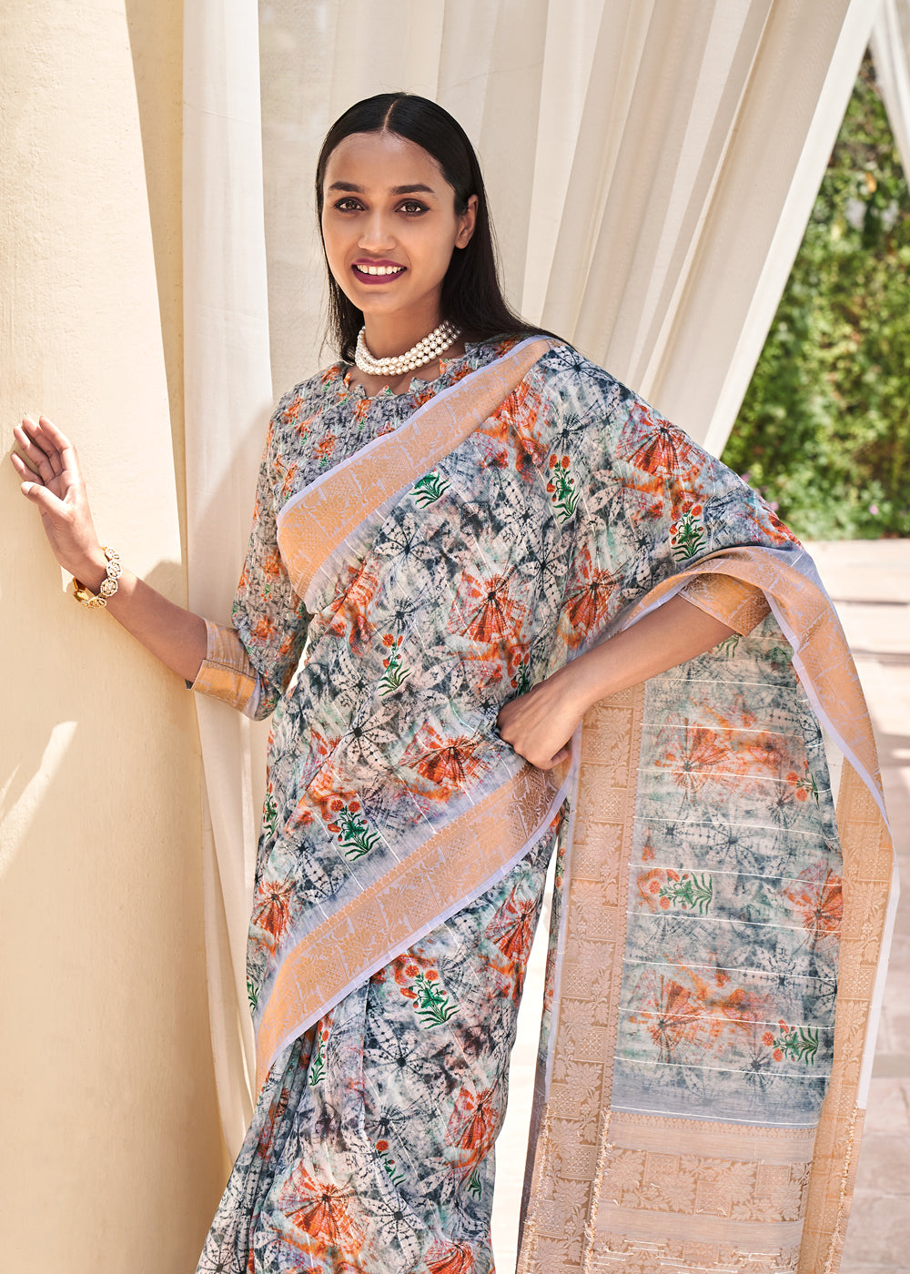 Pale Slate Grey Digital Print Linen Saree