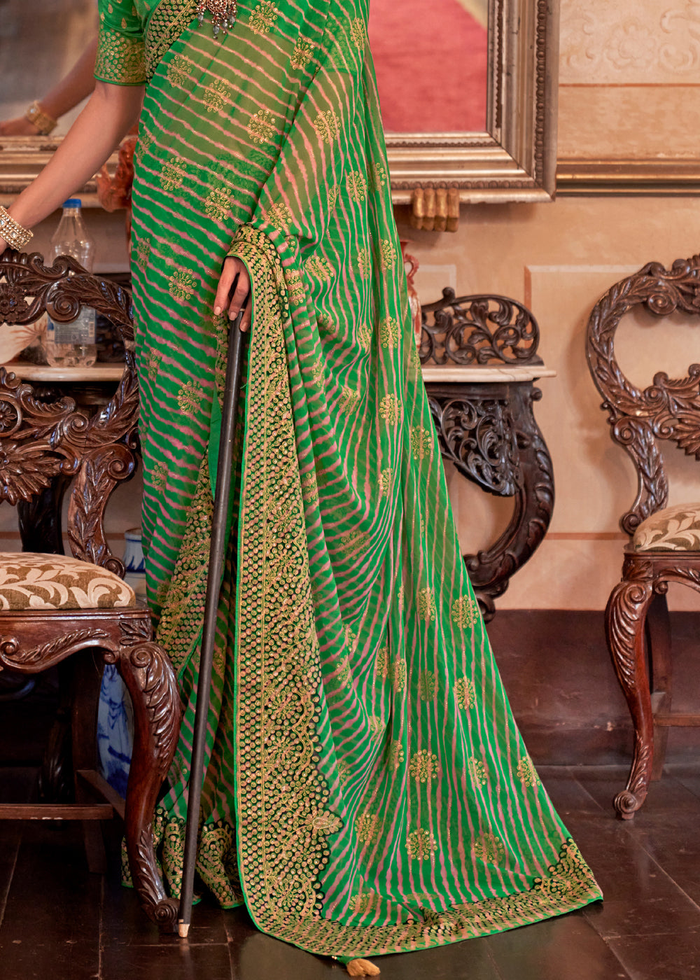 Green Smoke Lehariya Georgette Silk Saree