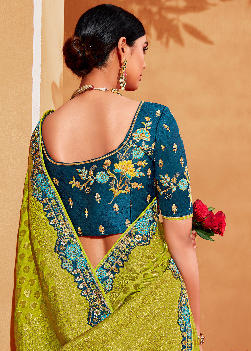 Cyprus Blue and Green Embroidered Banarasi Silk Saree