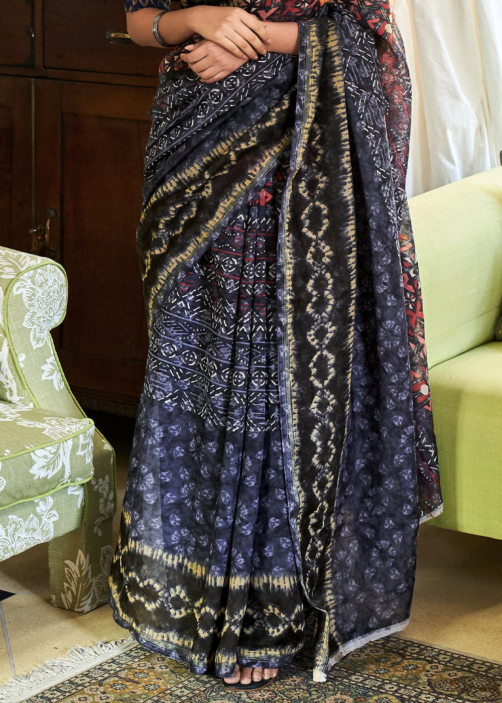 Trout Blue and Black Cotton Linen Batik Printed Saree