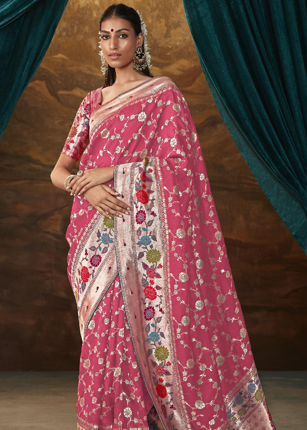 Tickle Me Pink Woven Paithani Banarasi Soft Silk Saree