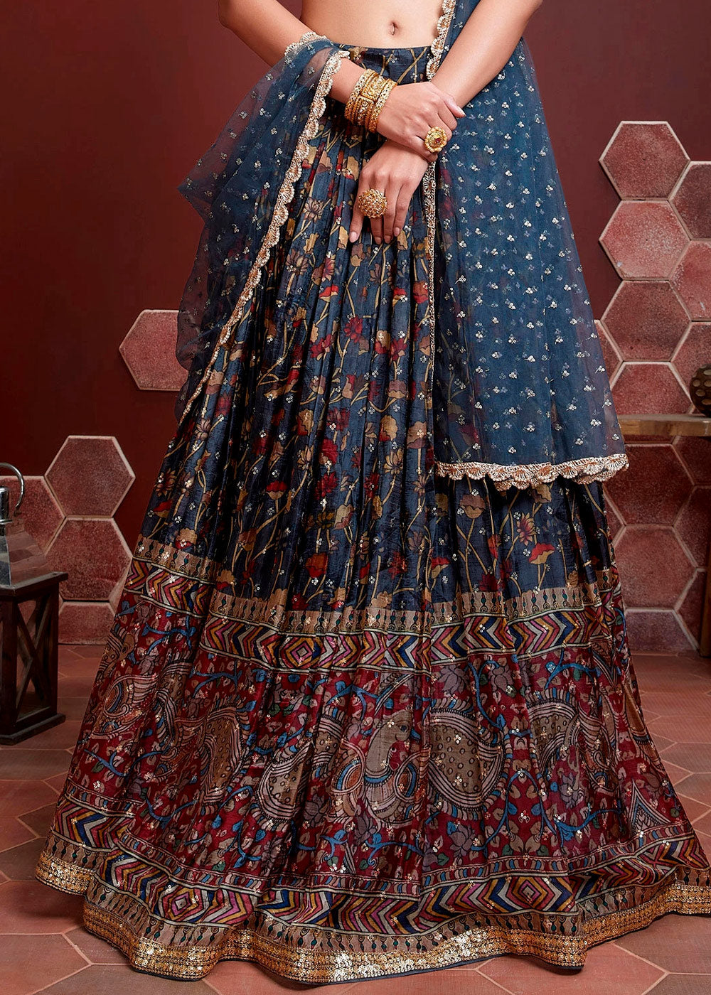 Alien Armpit Blue Printed Chinon Silk Lehenga Choli