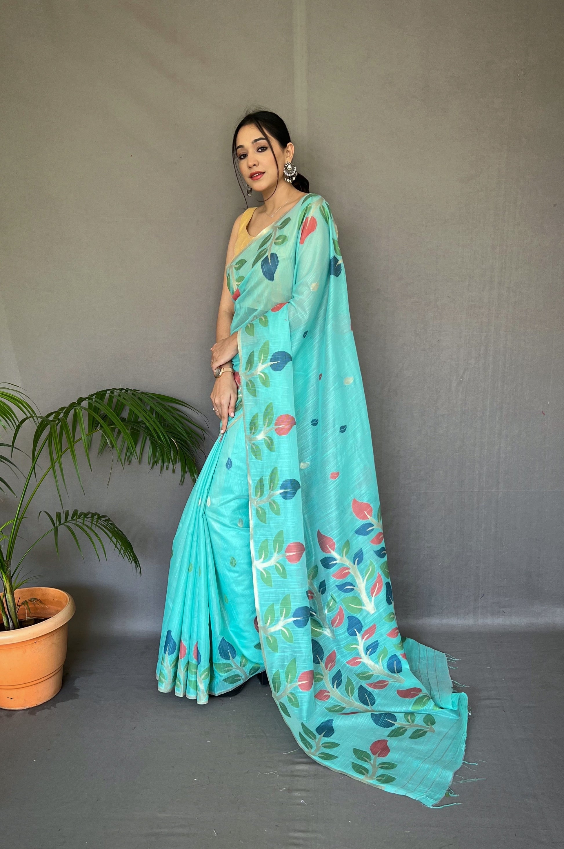 Aquamarine Blue Woven Cotton Jamdani Silk Saree