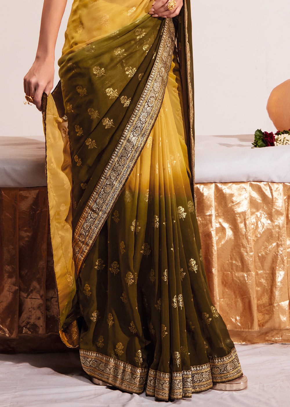 Kournikova Yellow Woven Georgette Silk Saree