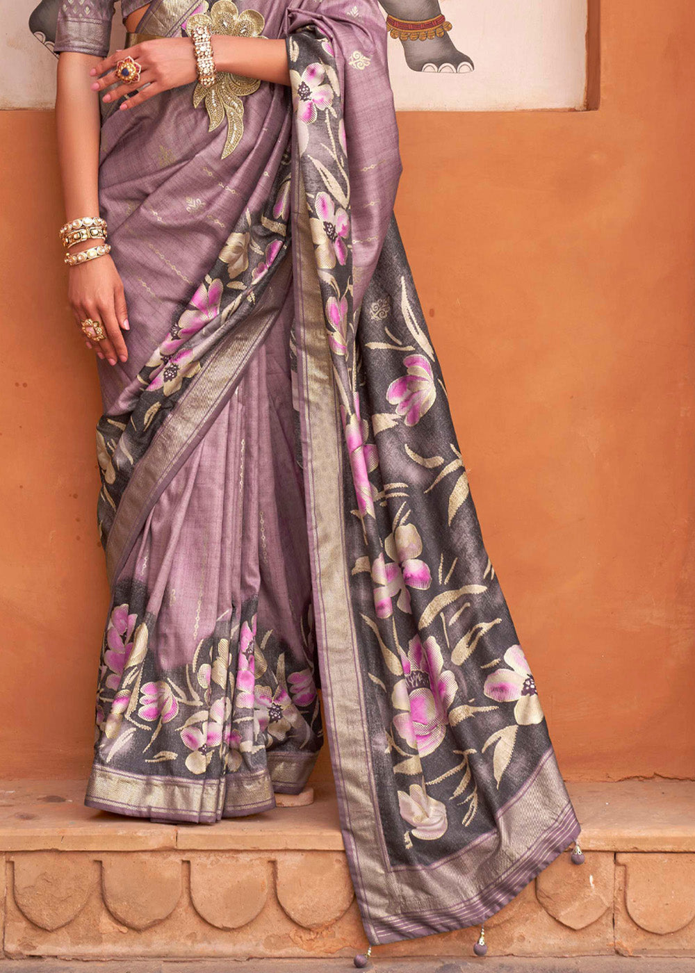 Brandy Rose Purple Soft Floral Printed Silk Saree