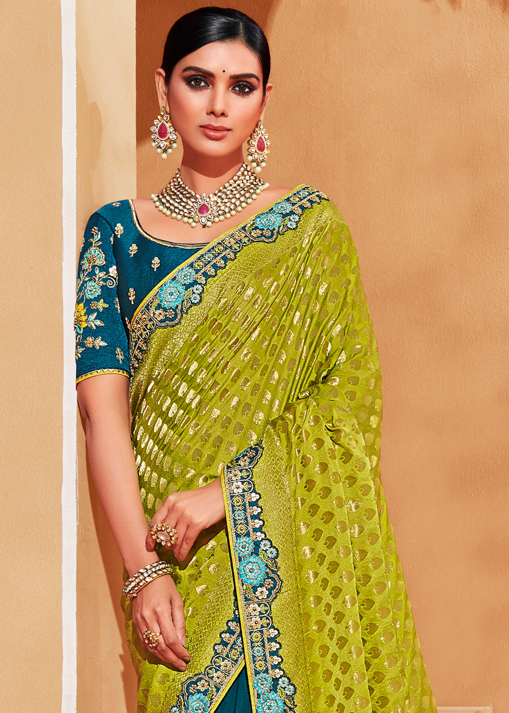 Cyprus Blue and Green Embroidered Banarasi Silk Saree