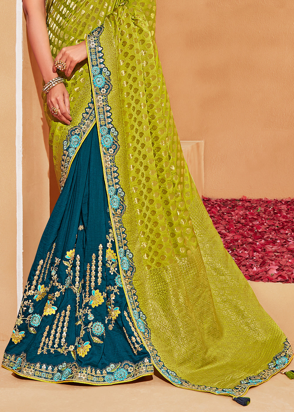 Cyprus Blue and Green Embroidered Banarasi Silk Saree