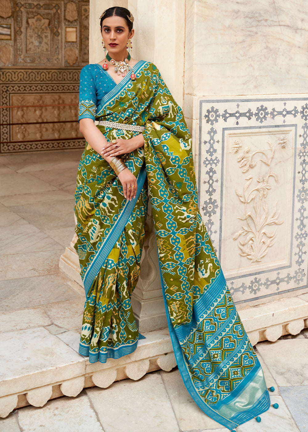 Shamrock Green and Blue Cotton Patola Printed Saree