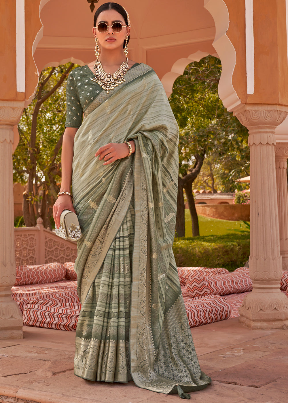 Clay Creek Green Woven Soft Textured Printed Silk Saree