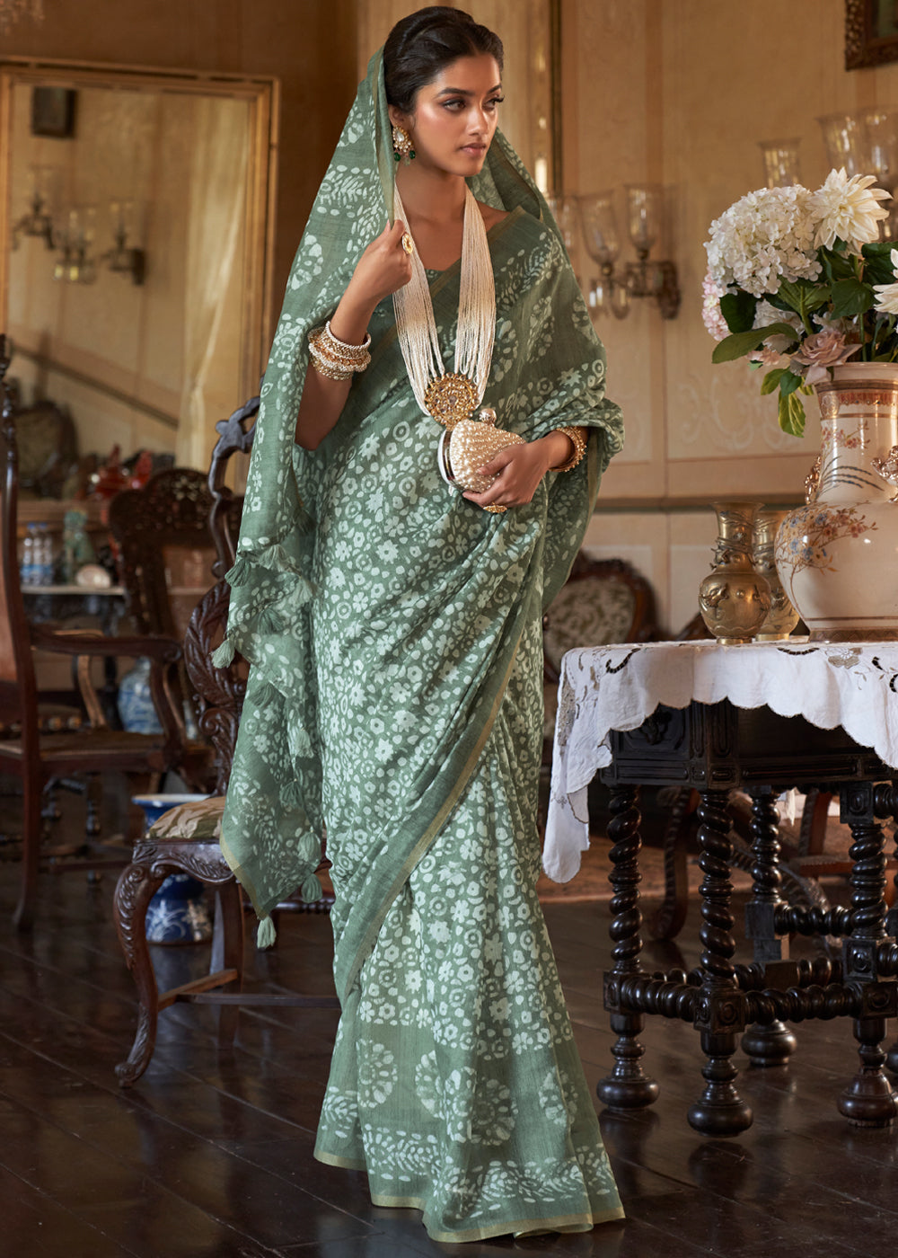 Pewter Green Light Weight Linen Saree