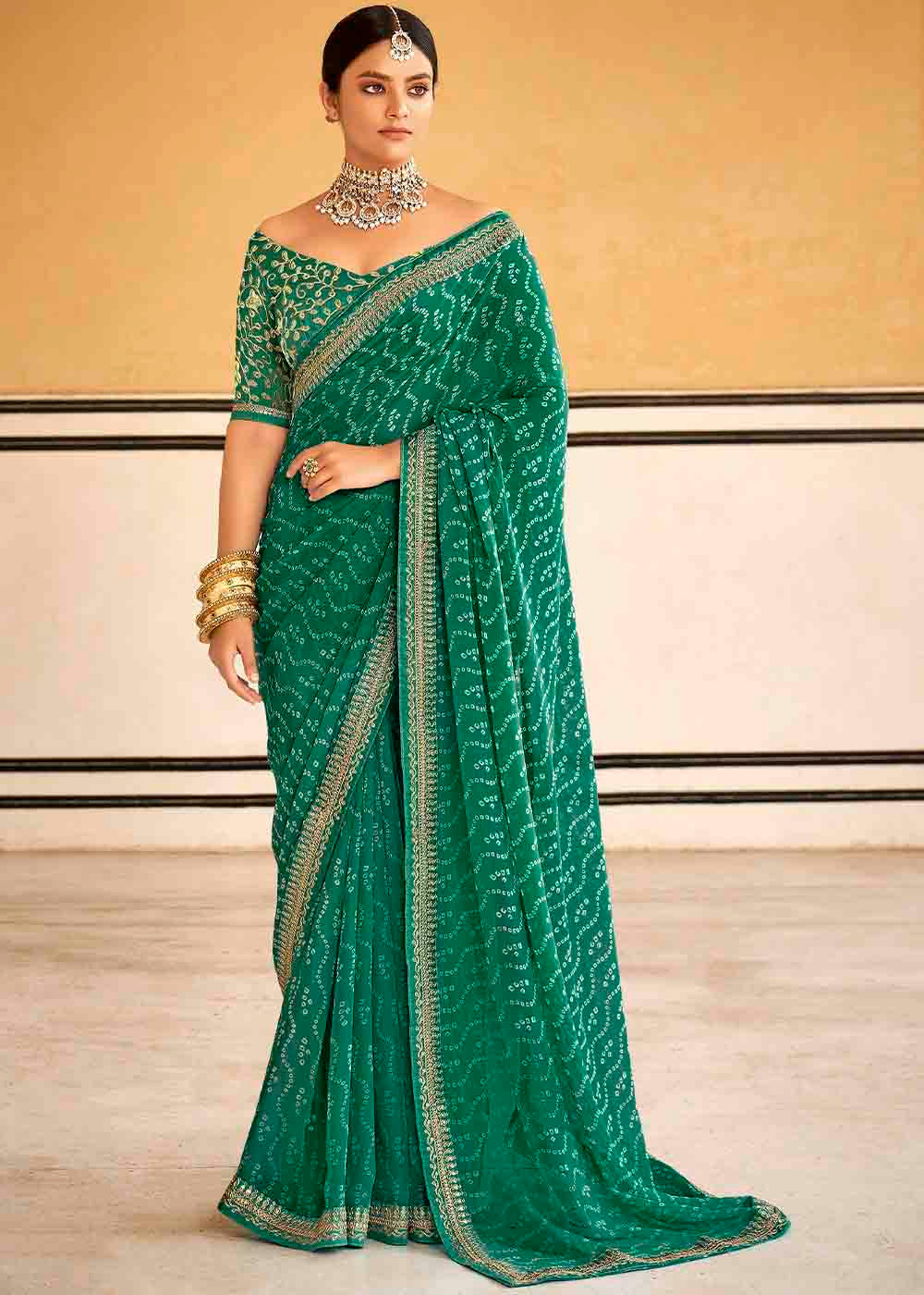 Fun Green Georgette Leheriya Printed Saree with Embroidered Blouse