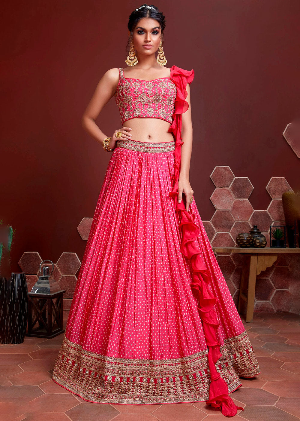 Salmon Pearl Pink Bandhani Printed Chinon Silk Lehenga Choli