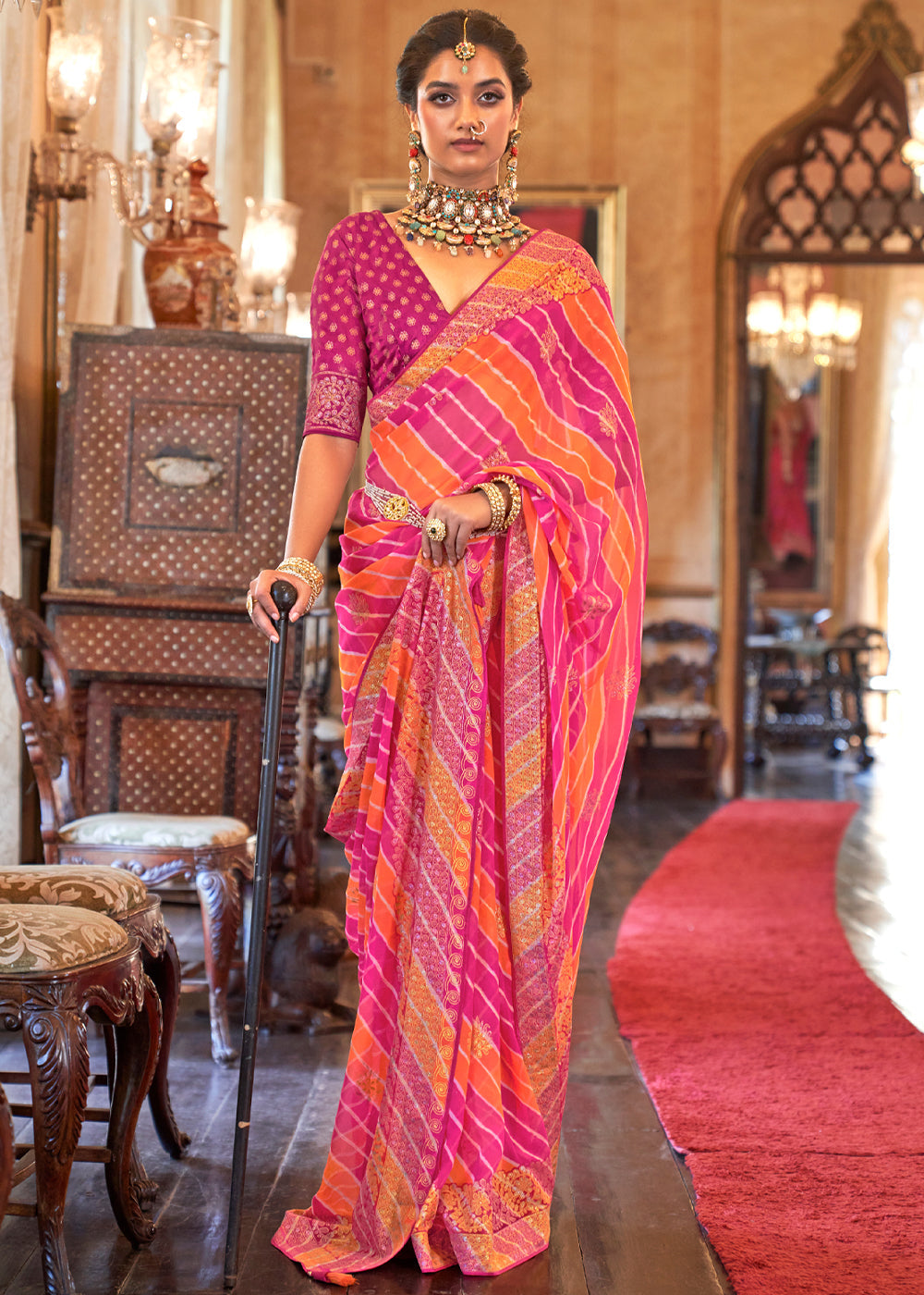 Sunglo Pink and Orange Lehariya Georgette Silk Saree