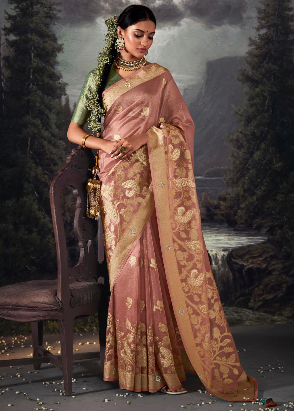 Blast Off Bronze Peach Woven Banarasi Organza Silk Saree