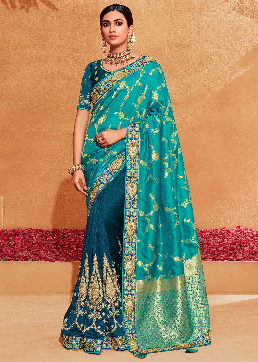 Metallic Seaweed Blue Embroidered Banarasi Silk Saree