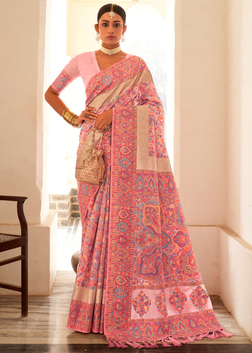 Apricot Pink Woven Banarasi Jamewar Kashmiri Silk Saree