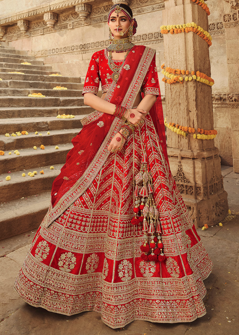 Crimson Red Silk Lehenga Choli With Heavy Zari Embroidery