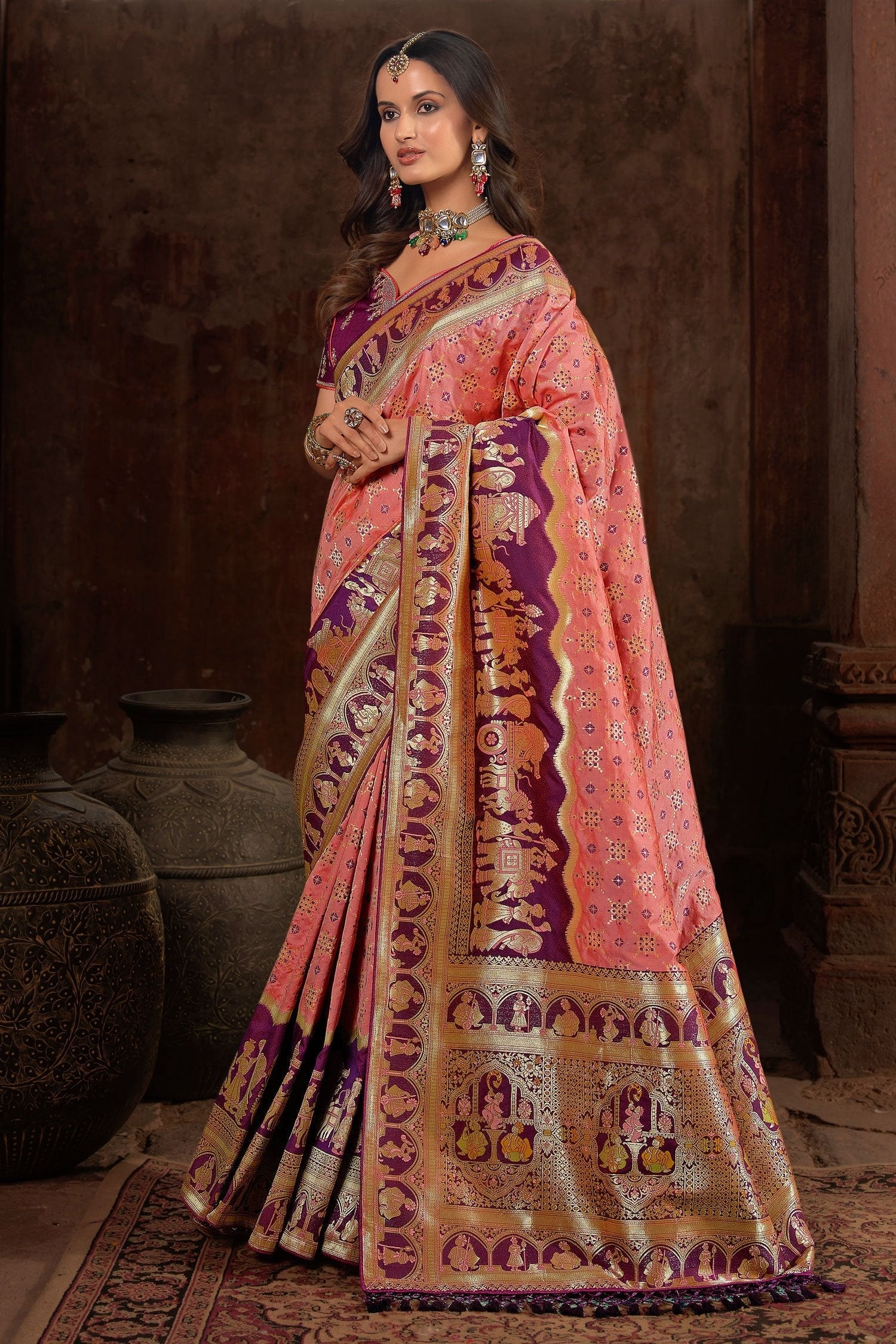 Froly Pink and Purple Designer Banarasi Woven Silk Saree