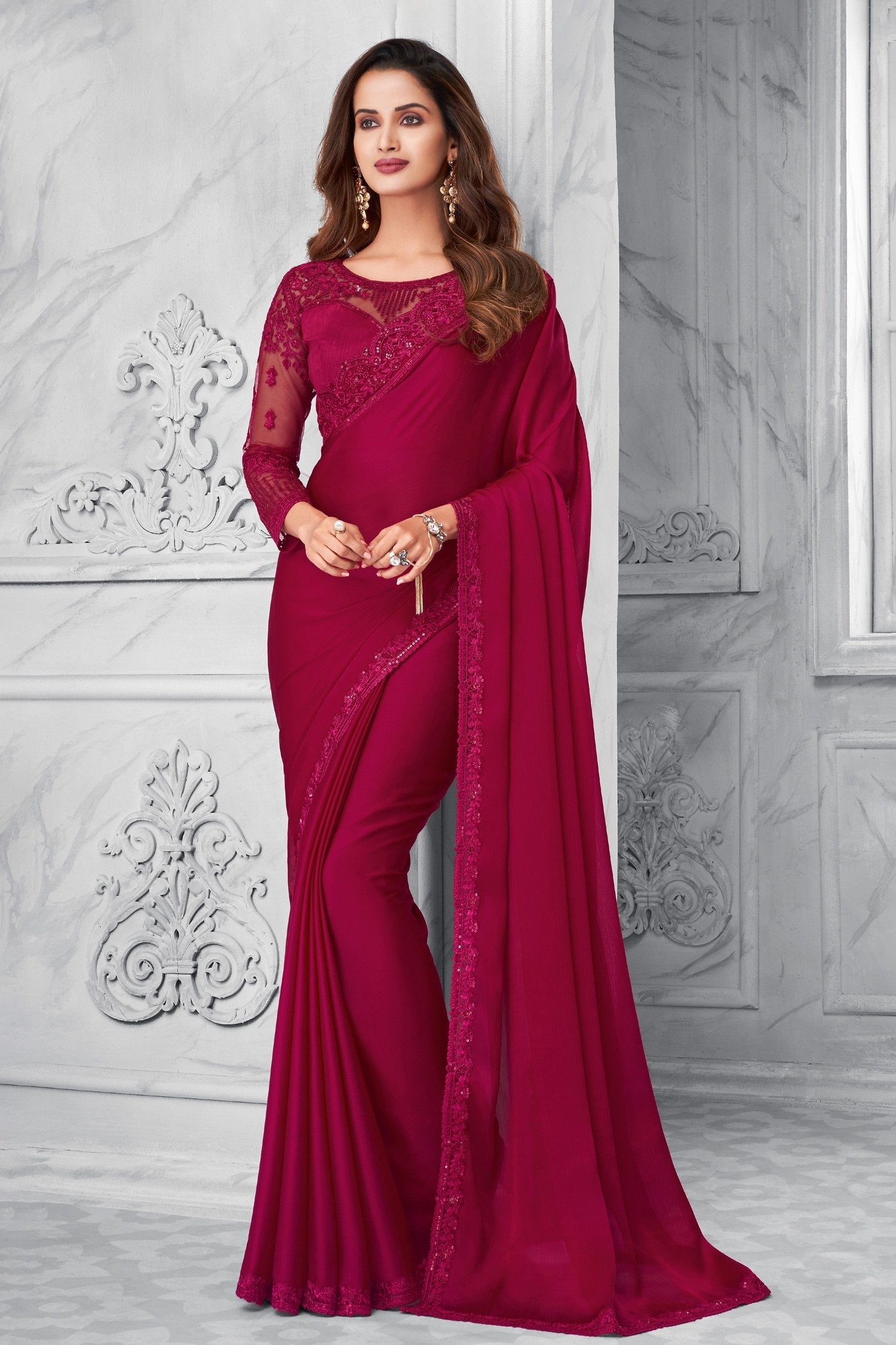 Shiraz Maroon Satin Chiffon Designer Silk Saree