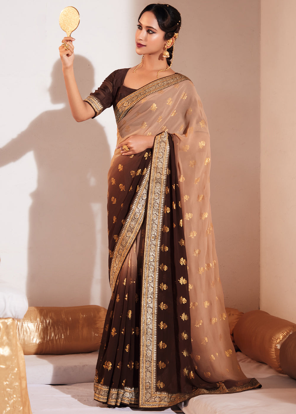 Copper Penny Brown Woven Georgette Silk Saree