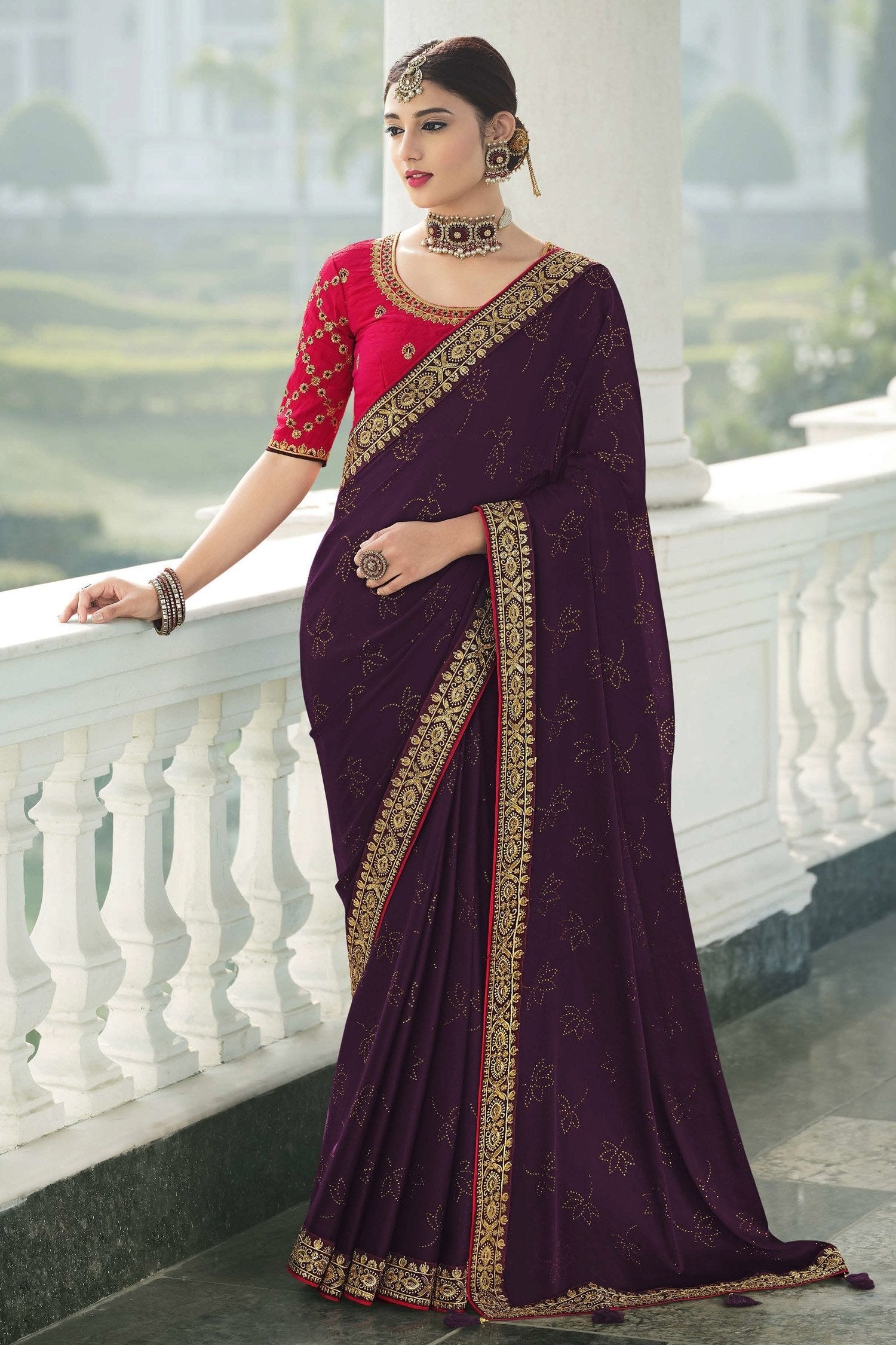 Livid Purple and Pink Chiffon Stone Work Saree