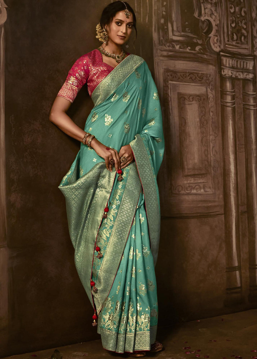 Patina Green Woven Designer Banarasi Silk Saree