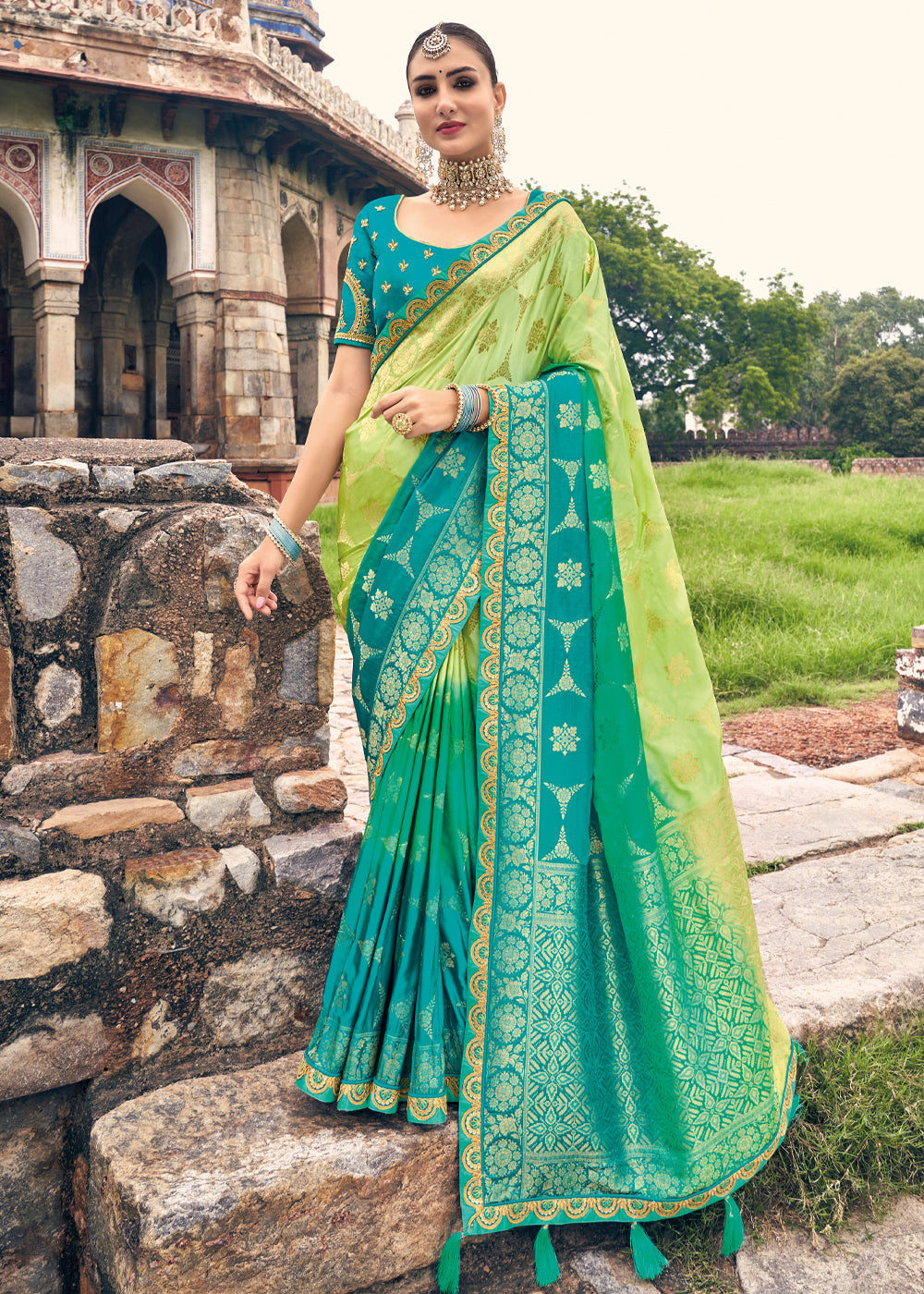 Celery Green and Blue Zari Woven Designer Banarasi Saree