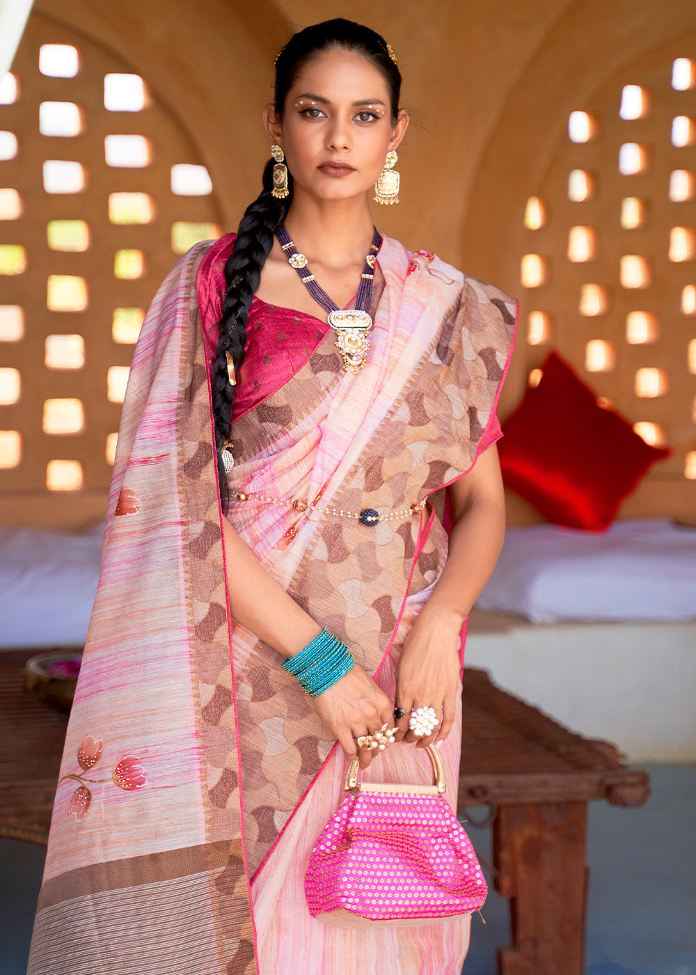 Beauty Pink Printed Kora Silk Saree